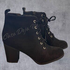 Diba Black Suede Lace-Up Side Zipper Block Heel Round Toe True Booties Sz 7.5